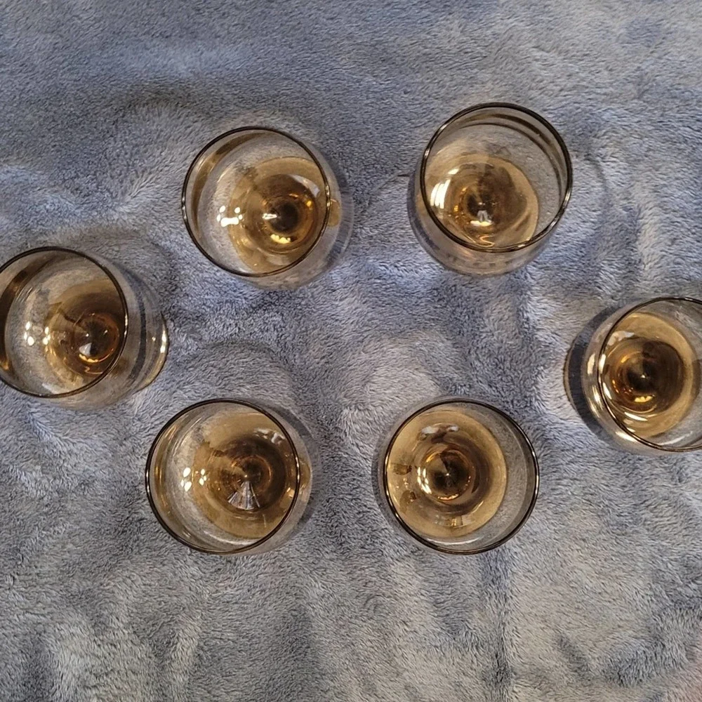 Set of 6 Vtg.‎ Pfaltzgraff Village Etched Smoked Glass Wine Glass Stemware USA